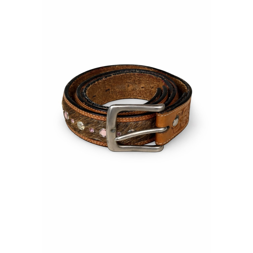 Montana Silversmiths Hair-On Cowhide Rhinestone Western Belt Pink Stones Sz 38